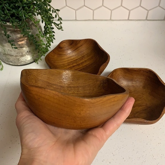 Mid Century Modern Teak Wood Salad nuts snacks Bowls Set of 3 home decor - Picture 11 of 12